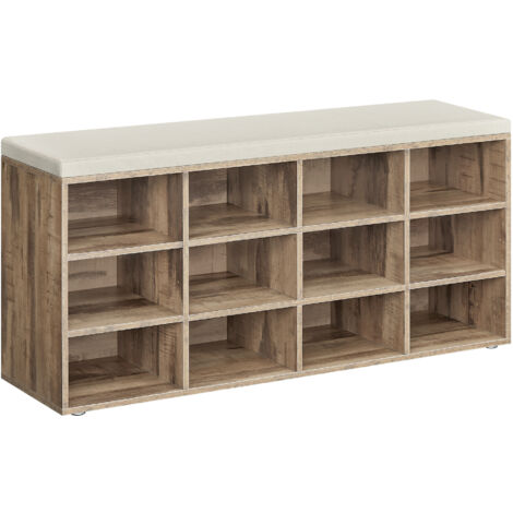 Vasagle – Banc à chaussures marron camel – Meuble d'entrée avec assise rembourrée – 12 compartiments – Capacité de charge 136 kg – Dimensions 104 x 30,3 x 48 cm