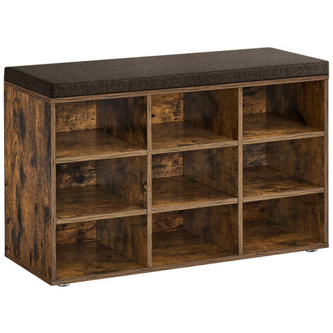 Vasagle – Banc à chaussures marron rustique – 9 compartiments réglables – Dimensions 30,3 x 78,5 x 48 cm – Capacité 136 kg – Housse amovible et lavable