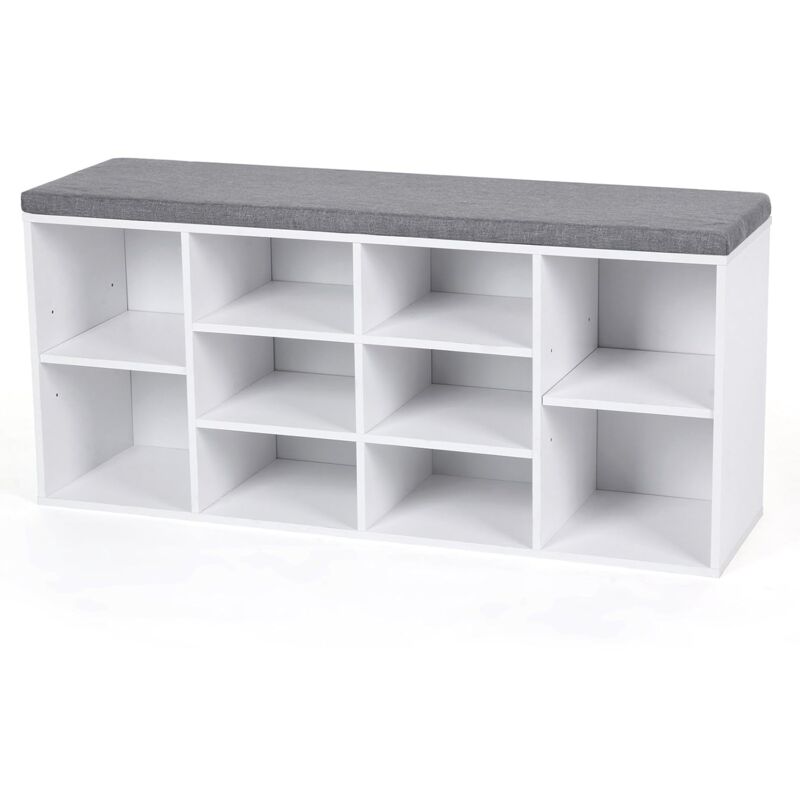 Vasagle - Banc à Chaussures, Étagère à Chaussures, Meuble de Rangement, 10 Compartiments, avec Coussin, pour Entrée, 104 x 30 x 48 cm, Blanc