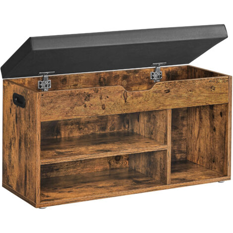 Vasagle – Banc à chaussures rembourré – Rangement caché avec coffre – Dimensions 80 x 30 x 44 cm – Capacité 150 kg – Bois d'aggloméré E1 – Marron rustique et noir