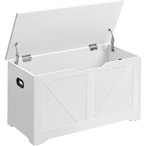 Vasagle – Banc de rangement 40 x 80 x 46 cm – Imitation grange – 2 charnières de sécurité – Capacité 136 kg – Meuble d'entrée blanc
