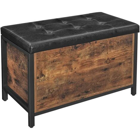 VASAGLE Banco con Cofre de Almacenamiento, Asiento Acolchado, Taburete de Cama, Dormitorio, Sala de Estar, Metal, Fácil Montaje, Diseño Industrial, Cuero Sintético Negro, Marrón Rústico/Marrón Avellana y Negro