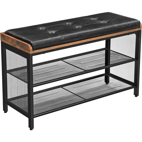 VASAGLE Banco para Zapatos, Acolchado con Estante de Malla, Zapatero, Vestíbulo, Dormitorio, Marco Metálico, Fácil Montaje, Ahorra Espacio, Industrial, Imitación de Cuero Negro, Marrón Rústico por SONGMICS LBS75X