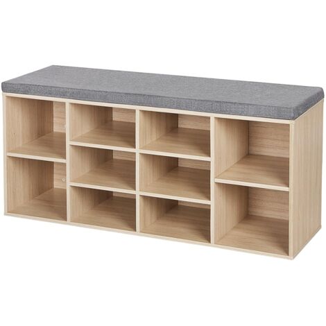 Scarpiera Panca in Fiberboard di Legno con Cuscino Seduta Sedile Imbottito con 10 Vani 104 x 30 x 48cm Naturale di Legno/Blanco