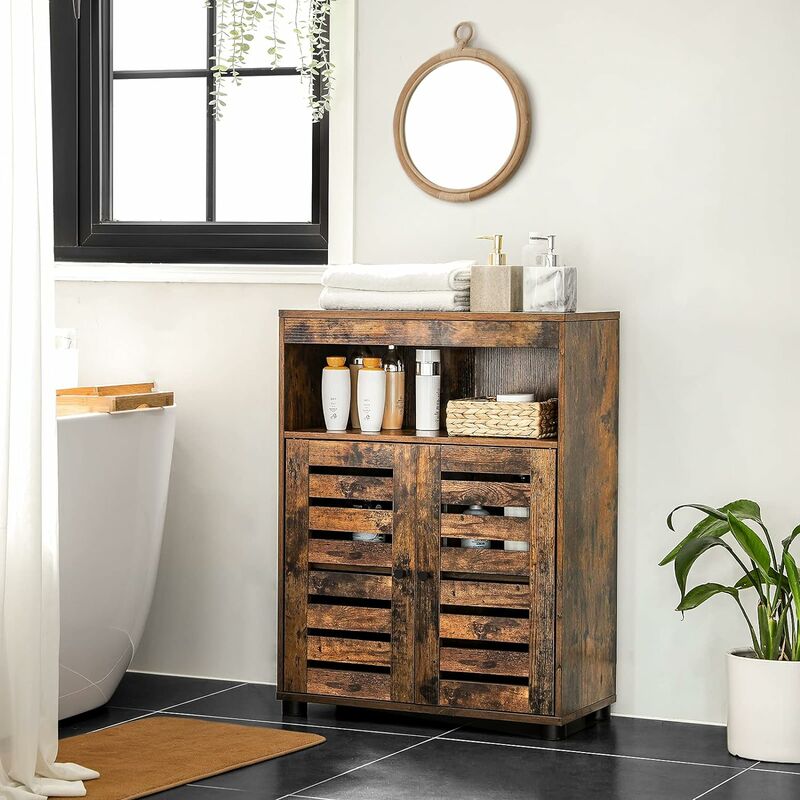 VASAGLE Bathroom Cabinet, Storage Cupboard, Rustic Chic Style, 60 x 30 x 80 cm, with Louvred Doors, Open Compartments, Adjustable Shelf, Rustic Brown