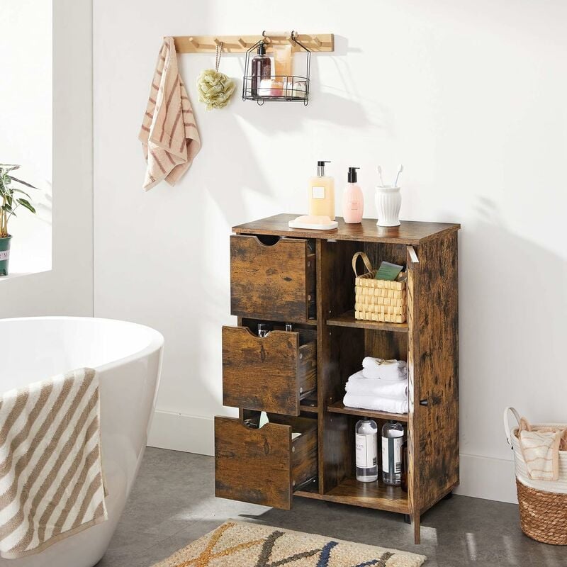 Vasagle Bathroom Floor Cabinet, Wooden Storage Unit with 3 Drawers, Single Door with 2 Adjustable Shelves, for Living Room, Kitchen, Entryway, Rustic