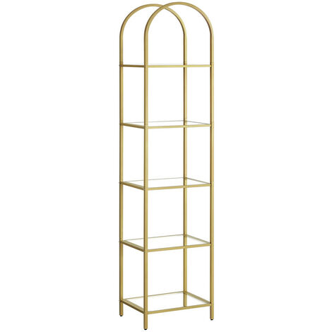 Vasagle – Bibliothèque 5 niveaux en verre trempé et acier doré – Dimensions 30,2 x 40 x 183,5 cm – Charge max 10 kg par niveau – Pour salon, bureau, salle de bain