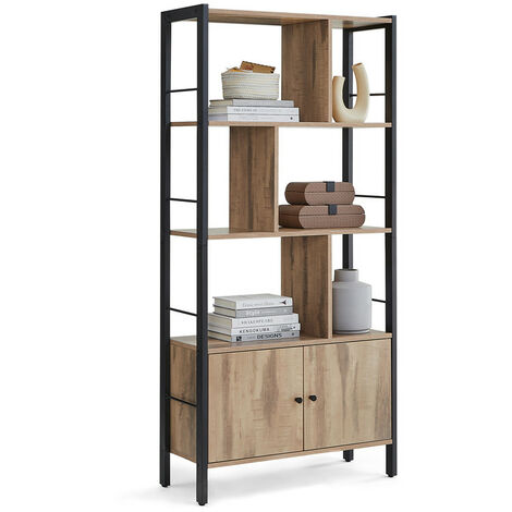 Vasagle – Bibliothèque à 4 niveaux – Cadre en acier – Compartiment fermé avec portes – Séparateurs zigzag – Dimensions 30 x 74 x 154,5 cm – Marron boisé et noir