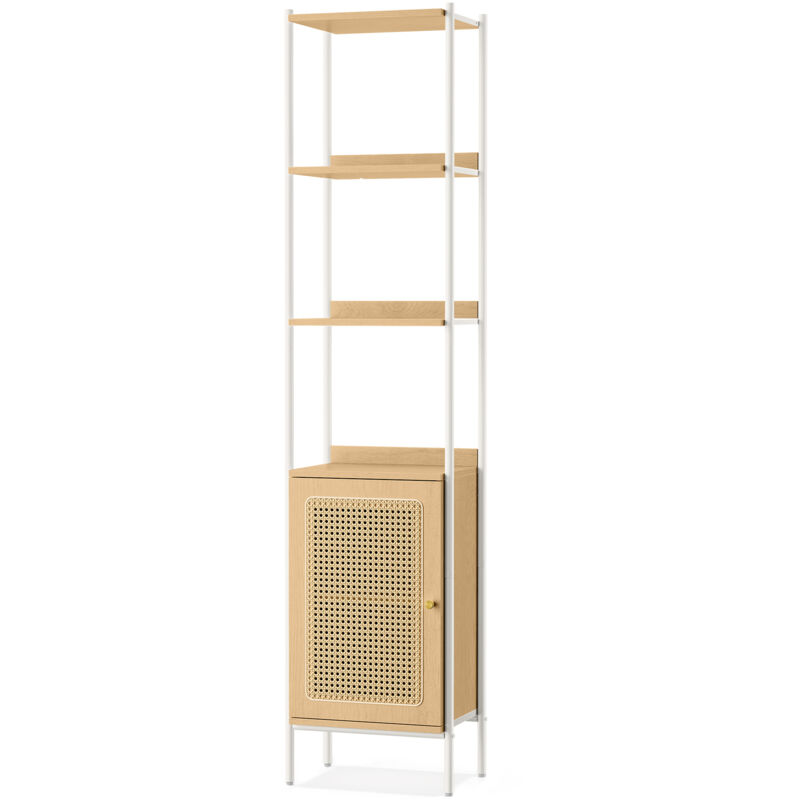 Bibliothèque à 6 Niveaux, Étagère Haute avec Porte Imitation Rotin, Style Bohème, Étagère Autonome avec Cadre Métallique, Tablette Réglable, Salon,