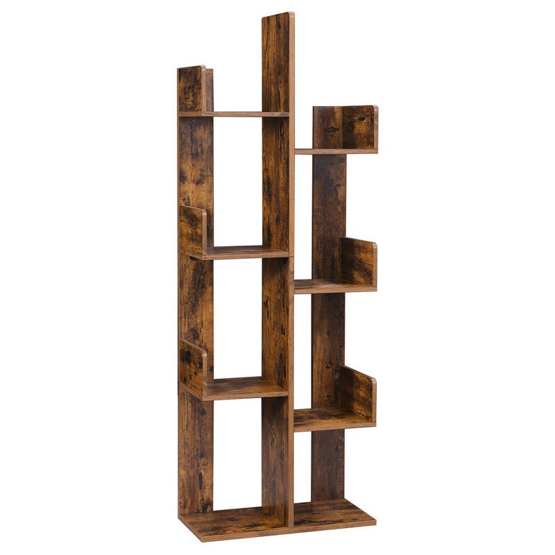 Vasagle Bibliothèque arbre, Étagère à 8 compartiments, Meuble de rangement, 50 x 25 x 140 cm, avec coins arrondis et rebords, Marron rustique par