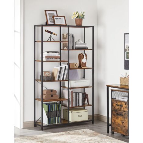 Vasagle – Bibliothèque enfant 100 x 30 x 170 cm – 10 compartiments – Panneau aggloméré et acier – Marron rustique et noir – LLS155B01