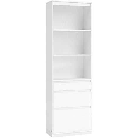 Vasagle – Bibliothèque haute 180 cm – 3 tiroirs – Étagères réglables – Panneau d’aggloméré blanc – Rangement moderne pour salon, chambre, bureau