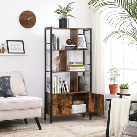 VASAGLE Bücherregal, Bücherschrank mit 4 offenen Regalebenen, geräumiger Wohnzimmerschrank, Küche, Büro, stabiles Stahlgestell, Industrie-Design, Vintagebraun-schwarz by SONGMICS LBC022B01 - Rustic Brown, Black