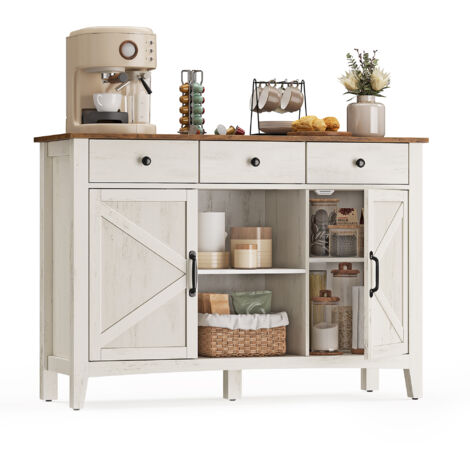 Vasagle – Buffet de rangement 114,5 cm avec tiroirs et étagère réglable – Style campagne blanc rustique et marron miel – Pour salon et cuisine