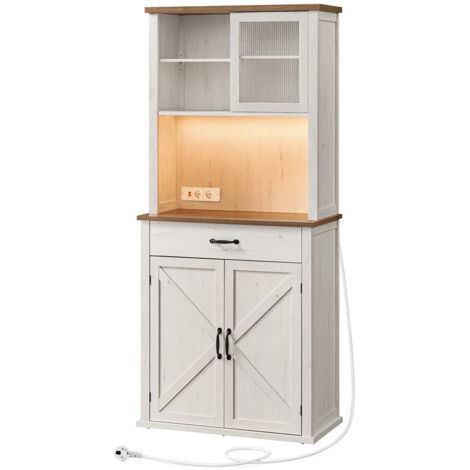 Vasagle – Buffet de rangement avec lumières et chargeur – Placard de cuisine blanc rustique – Étagères réglables et tiroirs – Dimensions 39,7 x 80,4 x 180,3 cm