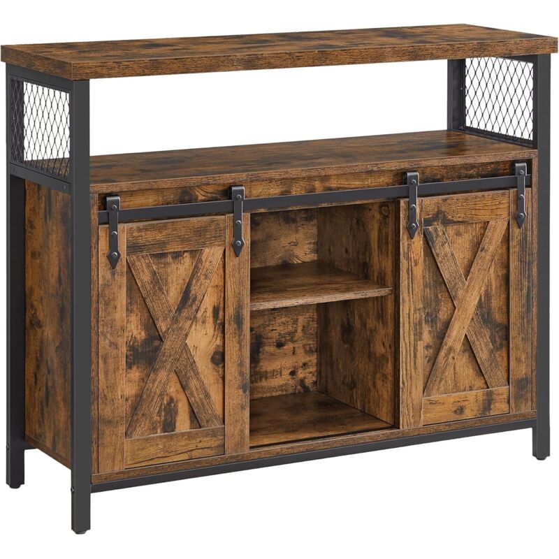 Buffet avec 2 Portes Coulissantes, 100 x 33 x 80 cm, Étagères Réglables, Style Industriel, Marron Rustique et Noir