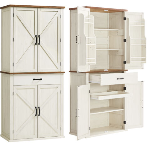 Vasagle – Buffet haut cuisine vaisselier blanc rustique – 2 placards, 6 étagères réglables, tiroir, plateau coulissant – Hauteur 178,6 cm