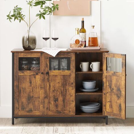 Vasagle – Buffet industriel 3 portes 100 x 35 x 75 cm – Cadre en acier noir – Panneaux en aggloméré marron rustique – Rangement pour salle à manger