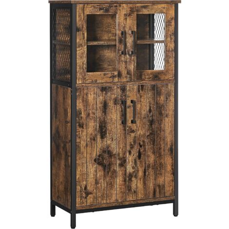 Vasagle – Buffet industriel marron rustique et noir – Dimensions 60 x 30 x 108 cm – Cadre en acier – Étagères réglables en verre