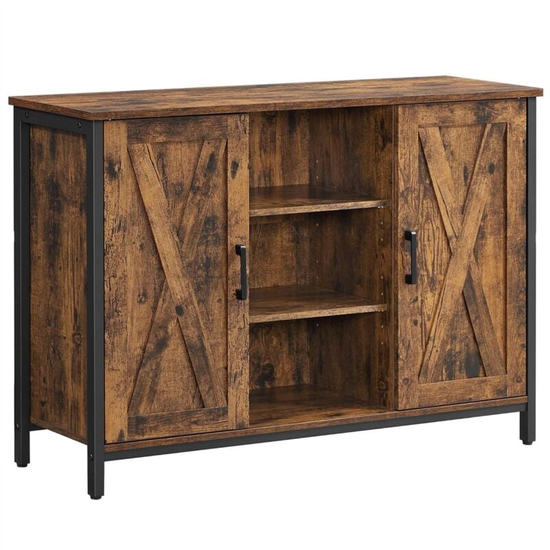Buffet, Meuble de Rangement, avec placards et étagères, Portes façon Grange, 100 x 35 x 70 cm, Style Industriel, Marron Rustique et Noir