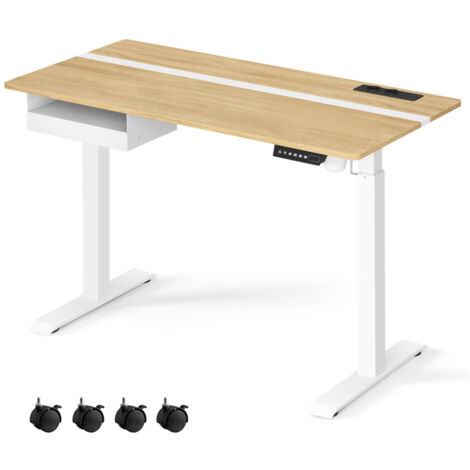 VASAGLE Bureau Électrique Réglable en Hauteur, Bureau Assis-debout, Multiprise, Tiroir, 60 x 120 cm, Réglable en Continu, Fonction Mémoire de 4 Hauteurs, Couleur Chêne Naturel et Blanc Nuage