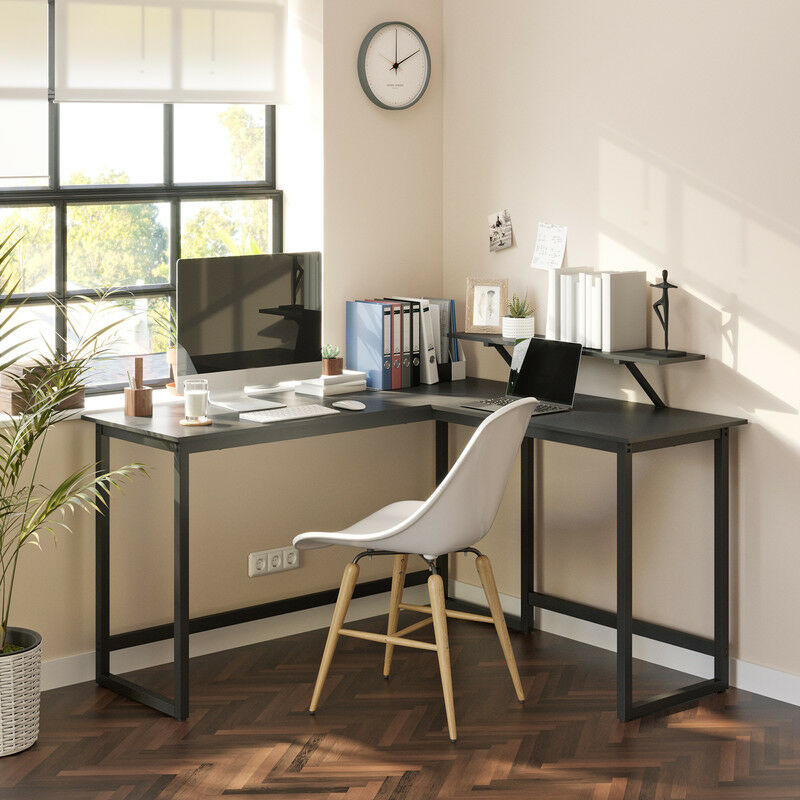 VASAGLE Bureau en forme de L, Table d’angle avec support d’écran, pour étudier, jouer, travailler, gain d’espace, pieds réglables, cadre métallique, assemblage facile, Noir