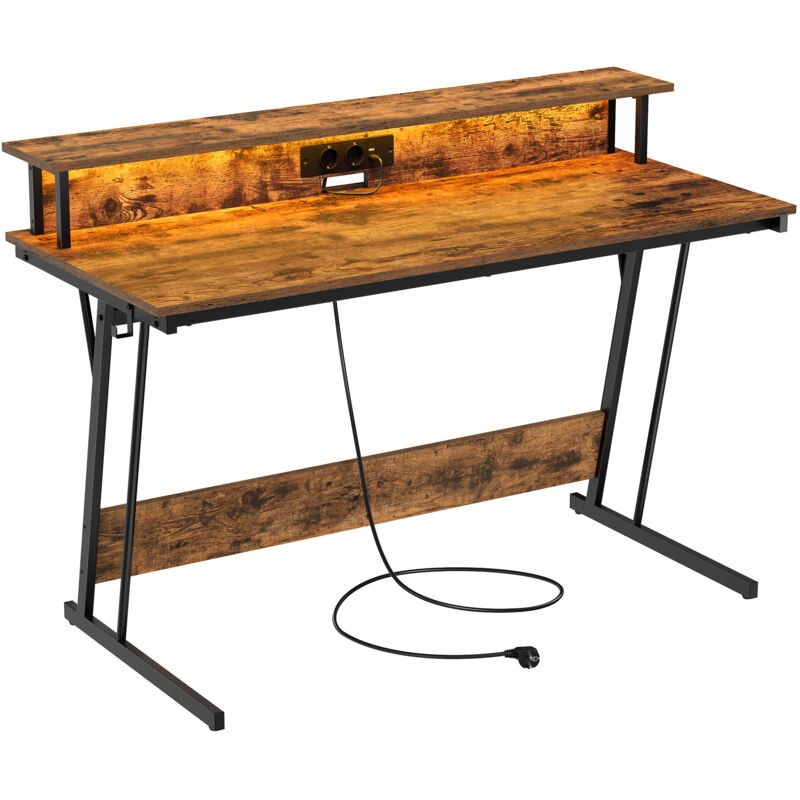 Vasagle - Bureau Gaming avec led et Multiprise, Table Gamer, Bureau Informatique avec Rehausseur d'Écran, pour 2 Ordinateurs, pour Chambre, 55 x 135