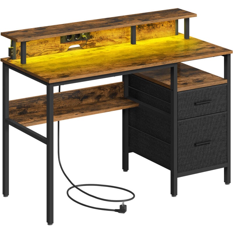 Vasagle - Bureau Gaming avec Lumières led et Multiprise, Bureau Informatique avec Support d'Écran, Table avec Rangement, 2 Tiroirs, 2 Ports usb, pour