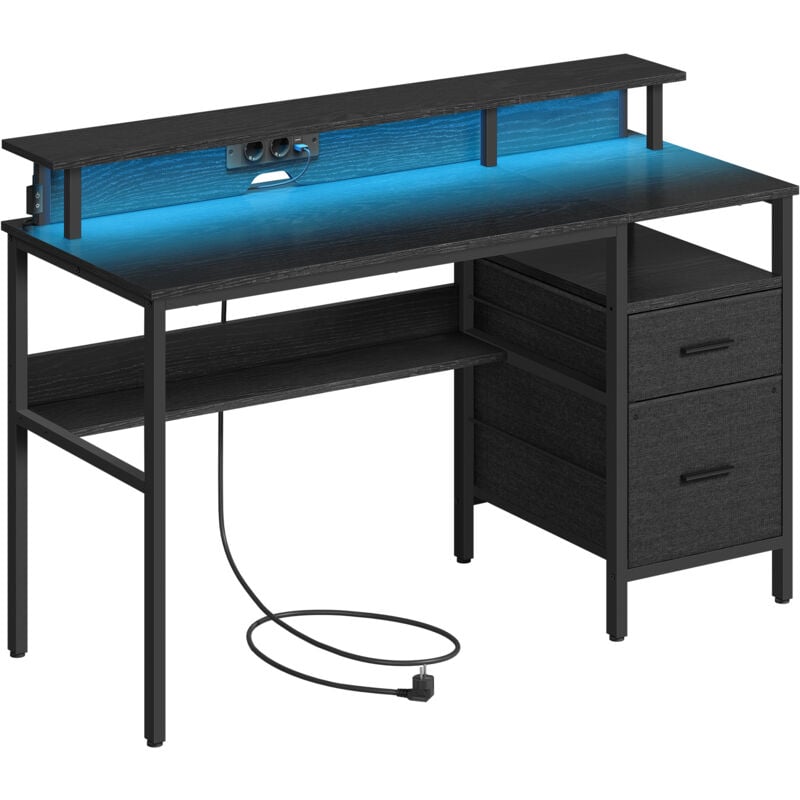Vasagle - Bureau Gaming avec Lumières led et Multiprise, Bureau Informatique avec Support d'Écran, Table avec Rangement, 2 Tiroirs, 2 Ports usb, pour