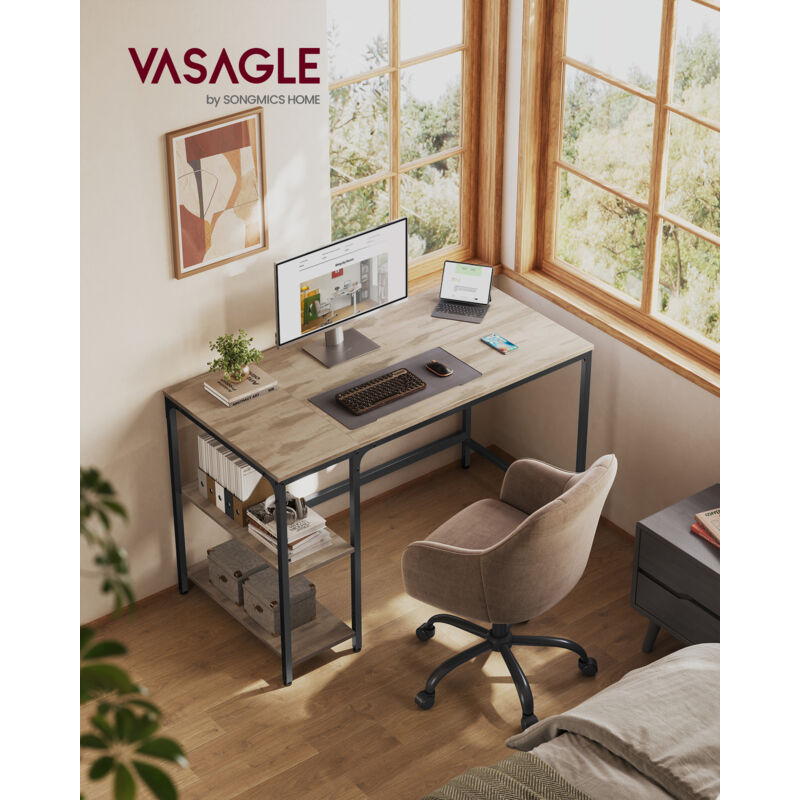 Vasagle - Bureau informatique, Table d'étude, avec étagère à 2 niveaux à gauche ou à droit, pour bureau, salon, cadre en métal, style industriel,