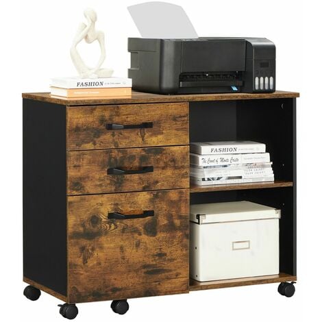 VASAGLE Caisson 3 tiroirs, Meuble rangement bureau avec compartiments ouverts, pour format A4, documents, support d'imprimante, style industriel, Marron