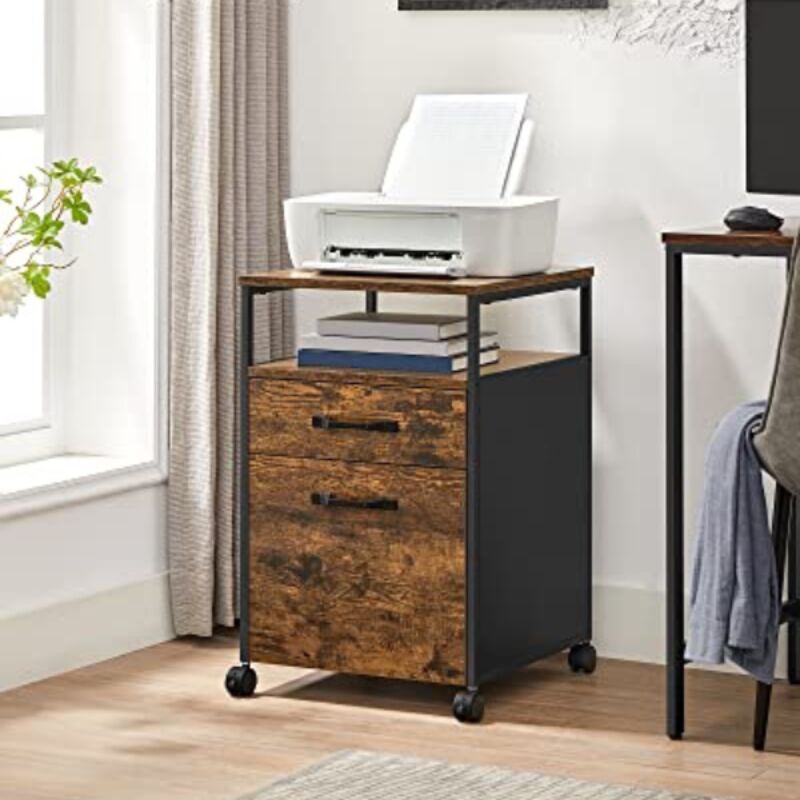 Vasagle Caisson De Bureau 2 Tiroirs Placard De Rangement Mobile Avec Roulettes Emplacement Ouvert Style Industriel Marron Rustique Et Noir Par Songmics Ofc71x