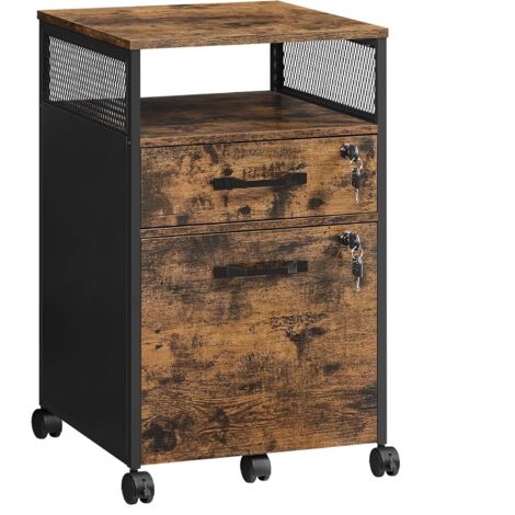 Vasagle – Caisson de bureau 42x44x69cm – 2 tiroirs verrouillables – Compartiment ouvert – Acier et aggloméré – 5 roulettes avec freins – Style industriel marron