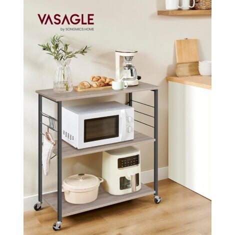 VASAGLE Carrello da Cucina con Rotelle, Carrello di Servizio con 3 Ripiani, Scaffale per Microonde, Forno, Tostapane, Struttura Metallica con 6 Ganci, Greige Melange e Nero