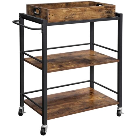 VASAGLE Carrello da Cucina con Vassoio Rimovibile, Carrello Portavivande Fisso o con Ruote Universali, Struttura in Ferro, Scaffale da Cucina per Salotto, 65 x 40 x 86 cm, Marrone Vintage da SONGMICS - Marrone Vintage