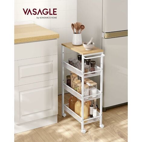 SONGMICS VASAGLE Carro de 4 Niveles, Carro Estrecho de Cocina con Ruedas, con Asa, para Espacio Reducido, 22 x 45,4 x 77 cm, para Cocina, Baño, Salón, Estudio, Roble Beige y Blanco