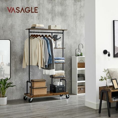 VASAGLE Clothes Rack, Clothing Rack on Wheels, 5-Tier Garment Rack with Metal Pipes, Rustic Brown by SONGMICS HSR66BX - Rustic Brown