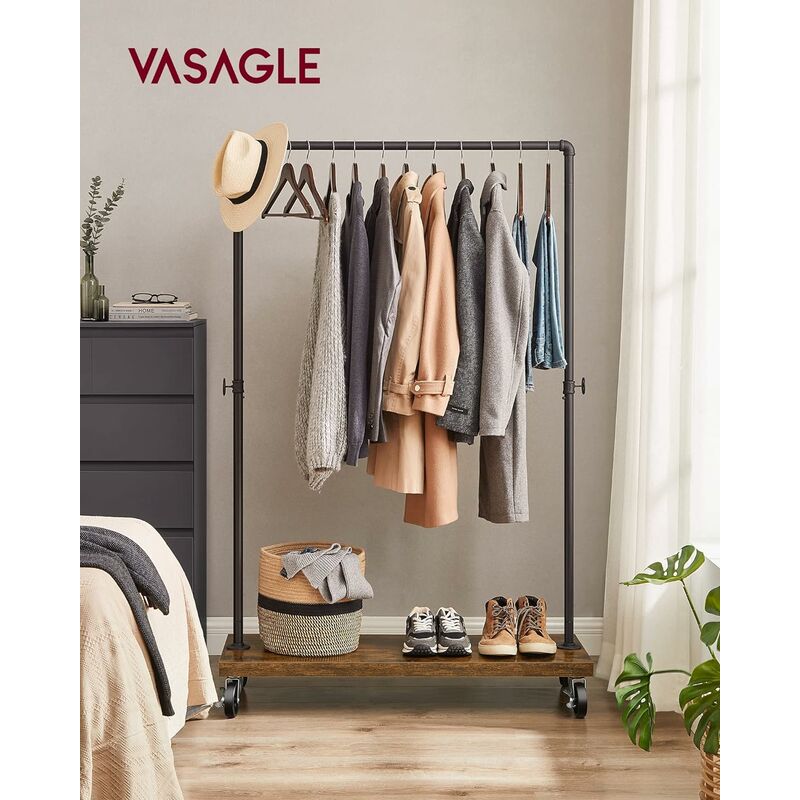Vasagle Clothes Rail for Bedroom, Heavy-Duty Clothes Rack, Industrial Pipe Rolling Garment Rack with Shelf, Top Rail Max. Load 90 kg, Laundry Room,