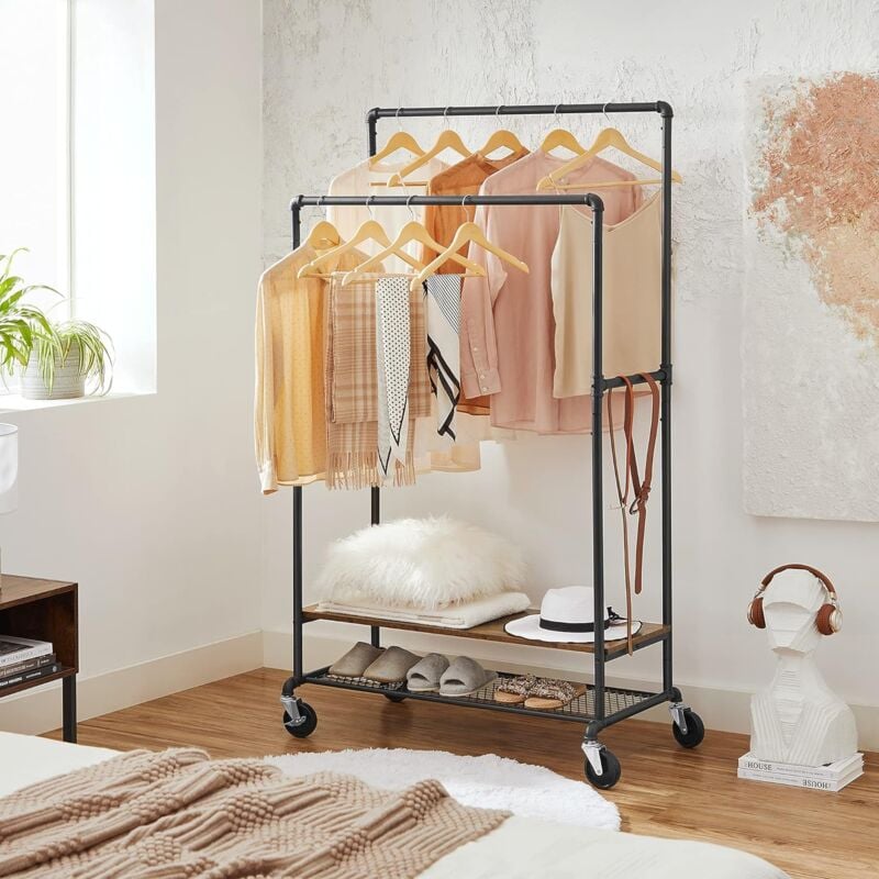 Songmics - vasagle Clothes Rail heavy duty, Double Clothes Rack with Dual Hanging Rail, Shelves and Wheels, Industrial Pipe Design, Rustic Brown and