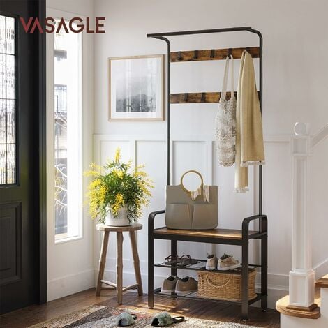 VASAGLE Coat Rack Height 183cm Hat and Coat Stand Hall Shoes Rack Umbrella Bag Stand with Removable Hooks Vintage/White