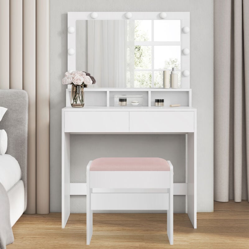 VASAGLE Coiffeuse avec 2 Tiroirs, 3 Compartiments Ouverts et Éclairage LED, Tabouret de Maquillage en Velours, Luminosité Réglable, Moderne, Blanc et