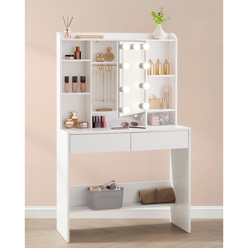 Vasagle - Coiffeuse avec 9 Lumières led, 3 Tonalités et Luminosité Réglable, Table de Maquillage Moderne avec Miroir, Étagères Réglables, 2 Tiroirs,