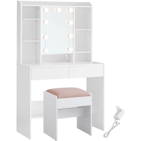 VASAGLE Coiffeuse avec Éclairage LED de 9 Ampoules, Tabouret Rembourré, 3 Couleurs avec Luminosité Réglable, Conception Moderne, pour Chambre à coucher, Blanc et Blanc Mat-Rose Bonbon