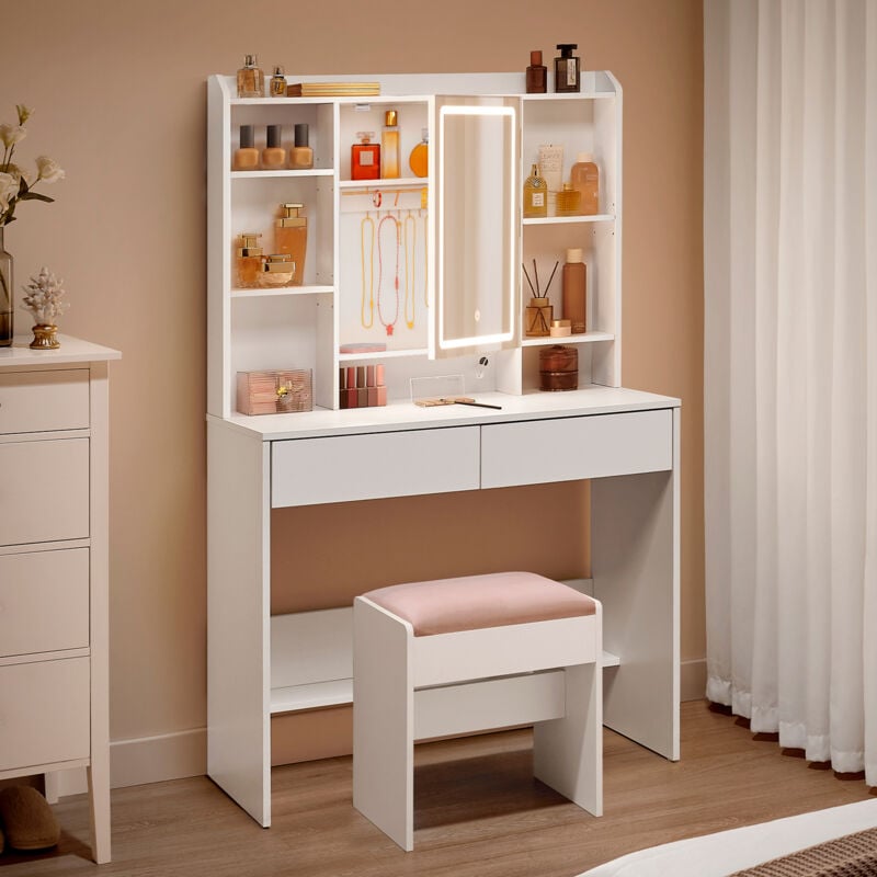 Coiffeuse avec Éclairage led, Tabouret de Maquillage, Coiffeuse avec Miroir pour le Maquillage, Tabouret Rembourré, Stable, Moderne, Blanc et Blanc