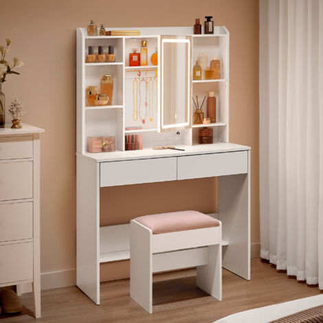 VASAGLE Coiffeuse avec Éclairage LED, Tabouret de Maquillage, Coiffeuse avec Miroir pour le Maquillage, Tabouret Rembourré, Stable, Moderne, Blanc et Blanc Mat-Rose Bonbon