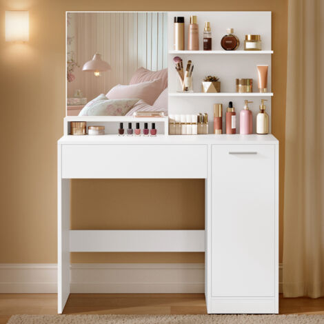Vasagle – Coiffeuse avec miroir blanc 80 x 40 x 132 cm – 1 tiroir et 2 étagères – Panneau d’aggloméré durable – Organisateur de maquillage