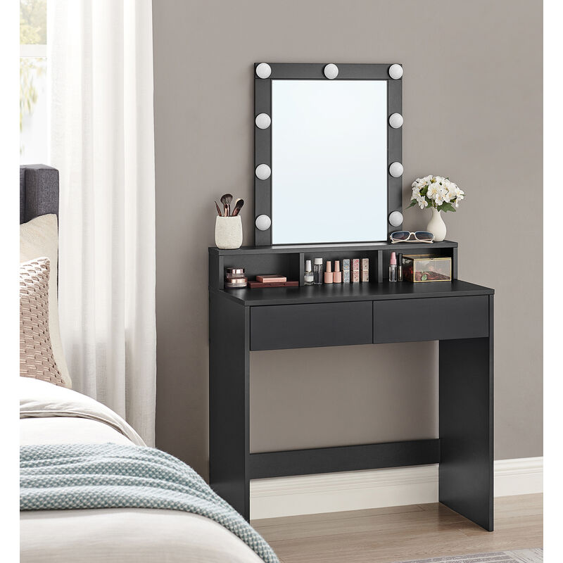vasagle - coiffeuse, miroir led à luminosité réglable, 2 tiroirs et 3 compartiments, coin beauté, style moderne, noir