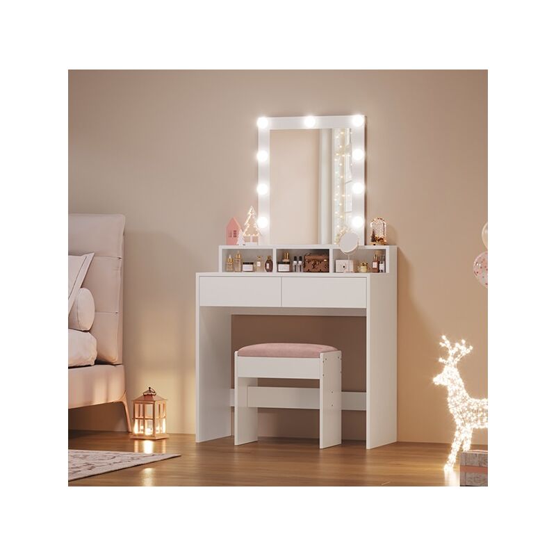 Songmics - Coiffeuse avec Miroir et Ampoules vasagle - 80 x 40 x 132 cm - 2 tiroirs - 3 Compartiments de Rangement - Sans Tabouret - Style Moderne