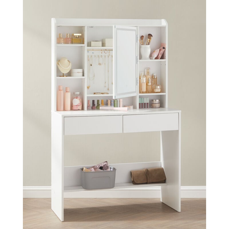 Songmics - Coiffeuse avec Miroir led, 3 Couleurs, Luminosité Réglable, Table de Maquillage avec Miroir, Grand, Étagère de Rangement Réglable, 2