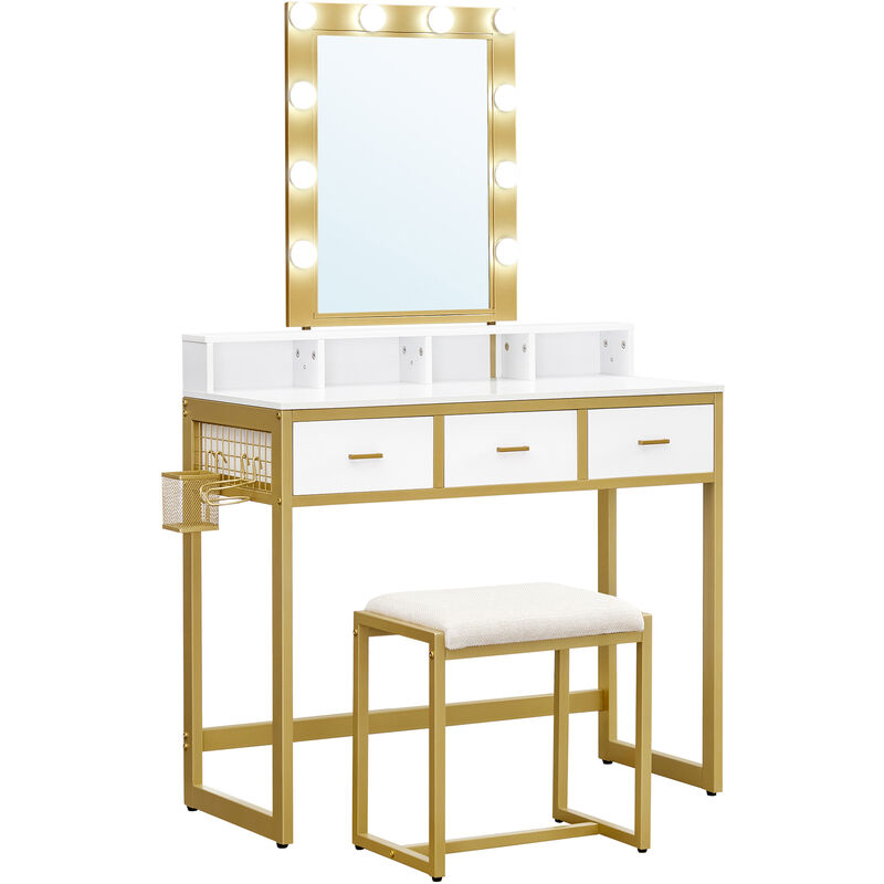 vasagle - coiffeuse avec tabouret, table de maquillage, avec 10 ampoules led intensité réglable, miroir, pour chambre, dressing, style moderne, blanc